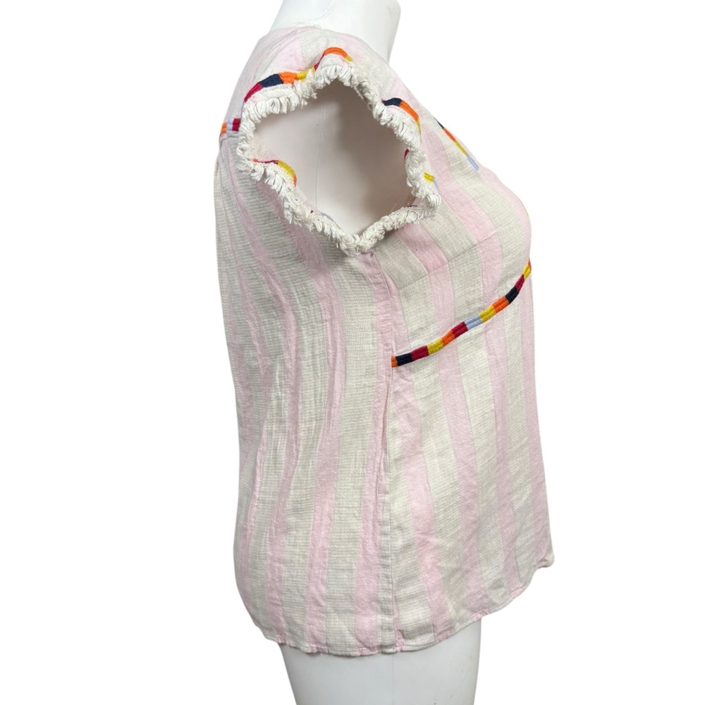 THML White Pink Stripe Multicolor Embroidered Short Sleeve Top L - Picture 4 of 9